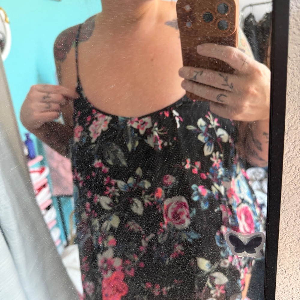 Express Black Floral Spaghetti Strap Cami with Pink & Cream Blooms